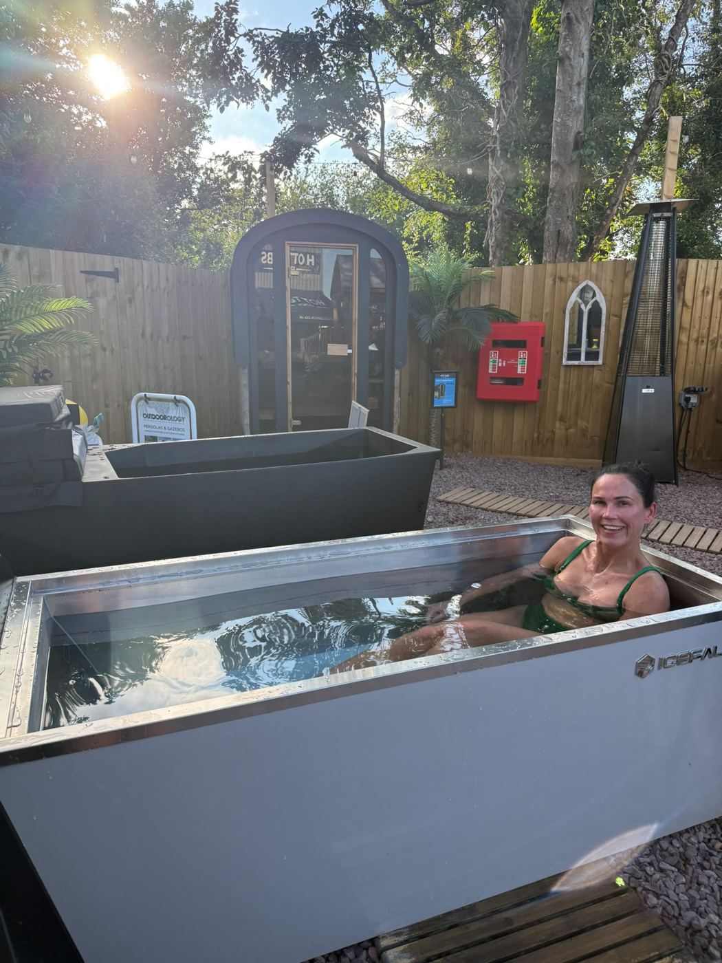 Ice baths in the spa garden on a sunny evening